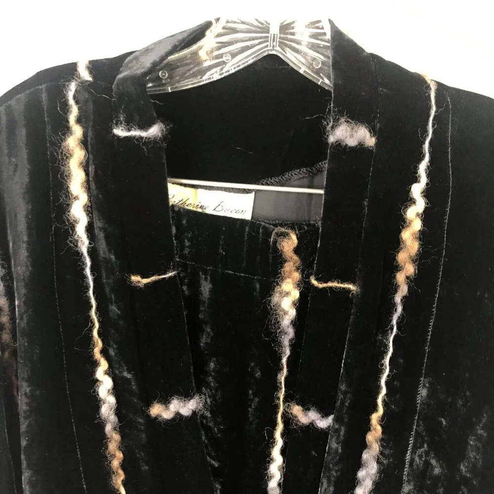 Catherine Bacon Jacket Pants Set Women M Black Velvet Striped Button Art To Wear